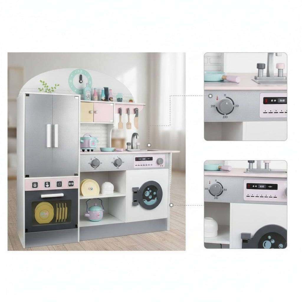 JCRBILW Children Kitchen Playthin Wooden Play Kitchen Set Kids Pretend with Tall Refrigerator Sink Controls and Storage Encourages Creative Cooking and Teamwork Suitable for playroom Bedroom Daycare