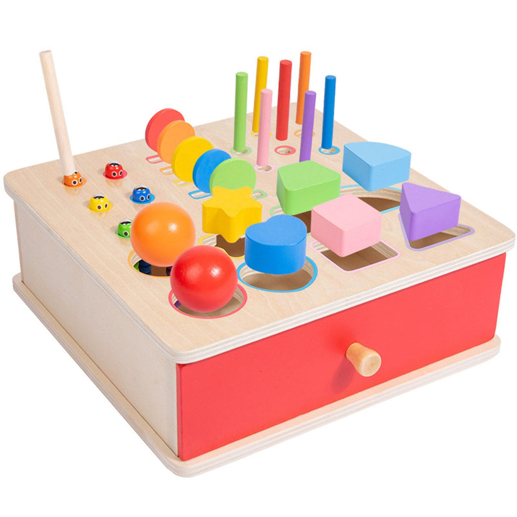 ZQsmgs Wooden Shape Sorter Box, Montessori Activity Cube with Ball Drop, Worm Catching & Pegs