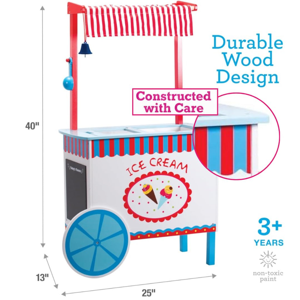 Ice Cream Cart Kids Pretend Play Stand- 33+ Pc Accessories, Realistic Premium Wooden Toy Activity Set with Money Box, Chalkboard & Icecream Truck- Popsicles, Cones Flavors- Girl Boy Indoor Game Center