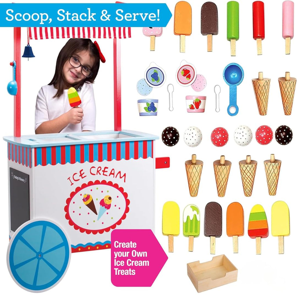 Ice Cream Cart Kids Pretend Play Stand- 33+ Pc Accessories, Realistic Premium Wooden Toy Activity Set with Money Box, Chalkboard & Icecream Truck- Popsicles, Cones Flavors- Girl Boy Indoor Game Center