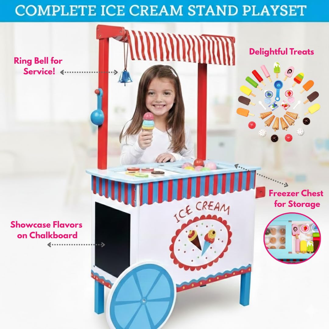Ice Cream Cart Kids Pretend Play Stand- 33+ Pc Accessories, Realistic Premium Wooden Toy Activity Set with Money Box, Chalkboard & Icecream Truck- Popsicles, Cones Flavors- Girl Boy Indoor Game Center