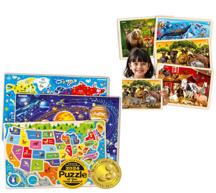 QUOKKA 7-in-1 Puzzle Set for Kids Ages 3–8 – USA, World & Space Floor Puzzles + 4 Wooden Montessori Animal Puzzles – Preschool Educational Toys for Boys & Girls