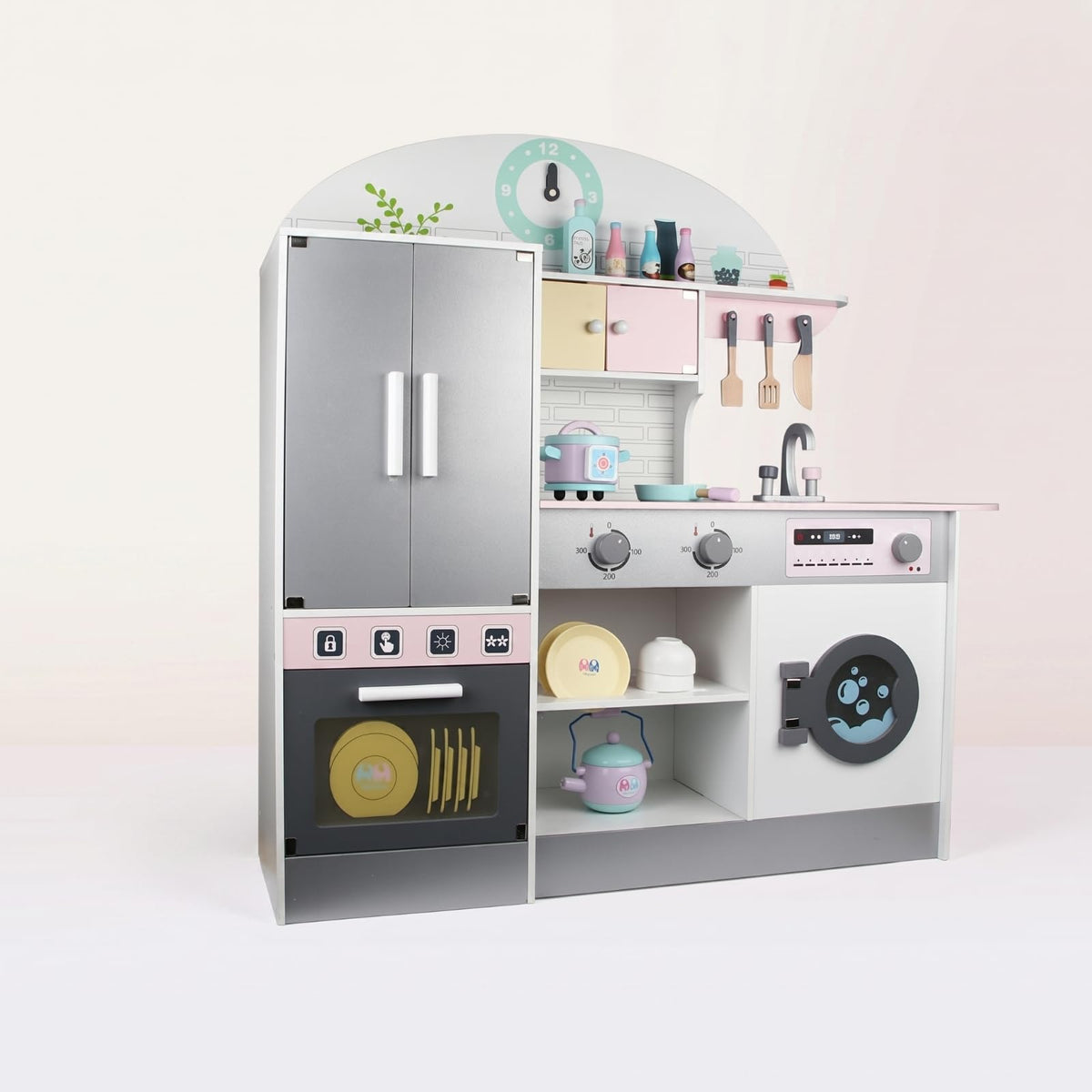 JCRBILW Children Kitchen Playthin Wooden Play Kitchen Set Kids Pretend with Tall Refrigerator Sink Controls and Storage Encourages Creative Cooking and Teamwork Suitable for playroom Bedroom Daycare