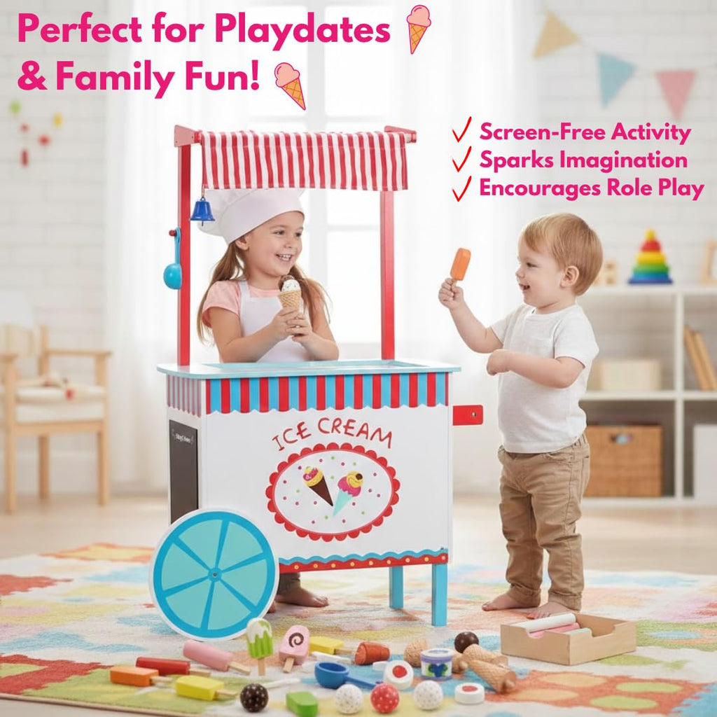 Ice Cream Cart Kids Pretend Play Stand- 33+ Pc Accessories, Realistic Premium Wooden Toy Activity Set with Money Box, Chalkboard & Icecream Truck- Popsicles, Cones Flavors- Girl Boy Indoor Game Center