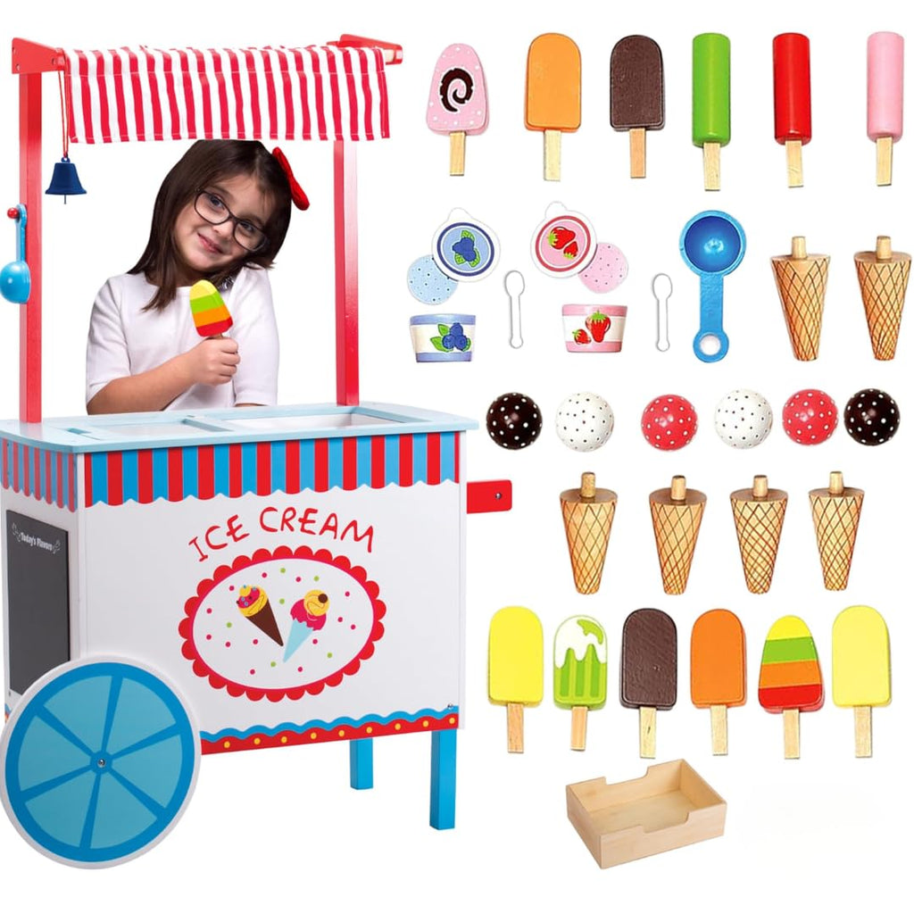 Ice Cream Cart Kids Pretend Play Stand- 33+ Pc Accessories, Realistic Premium Wooden Toy Activity Set with Money Box, Chalkboard & Icecream Truck- Popsicles, Cones Flavors- Girl Boy Indoor Game Center
