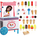 Ice Cream Cart Kids Pretend Play Stand- 33+ Pc Accessories, Realistic Premium Wooden Toy Activity Set with Money Box, Chalkboard & Icecream Truck- Popsicles, Cones Flavors- Girl Boy Indoor Game Center