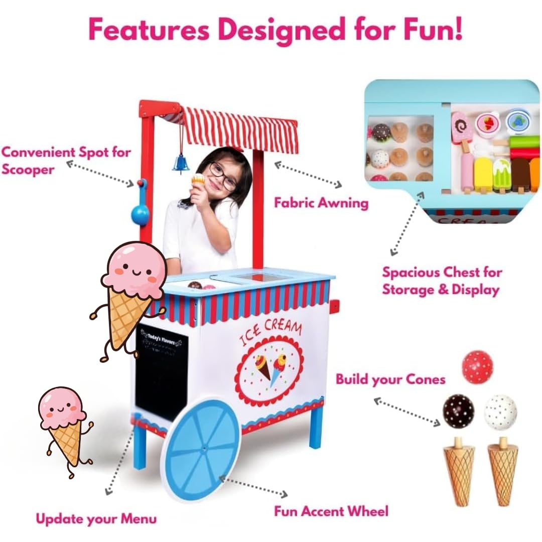 Ice Cream Cart Kids Pretend Play Stand- 33+ Pc Accessories, Realistic Premium Wooden Toy Activity Set with Money Box, Chalkboard & Icecream Truck- Popsicles, Cones Flavors- Girl Boy Indoor Game Center