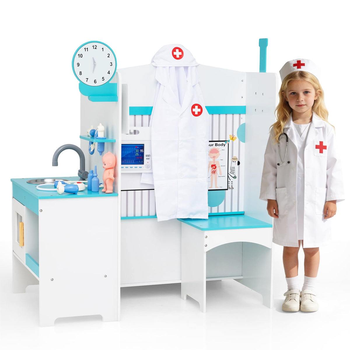 Costzon Wooden Doctor Playset, Medical Office Activity Center w/ Exam Room, Check-in & Waiting Areas, Height Measurer, Sink, Multi-Sided Pretend Play Doctor's Office, Gift for Boy Girl Aged 3+