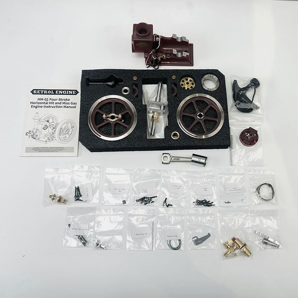 Retro HM-01 Hit and Miss Engine Model Kit for Adults, 4-Stroke Horizontal Stationary Mini Engine Kit that Runs, Working Metal Engine with High/Low Speed Gear Lever, Gift -KIT