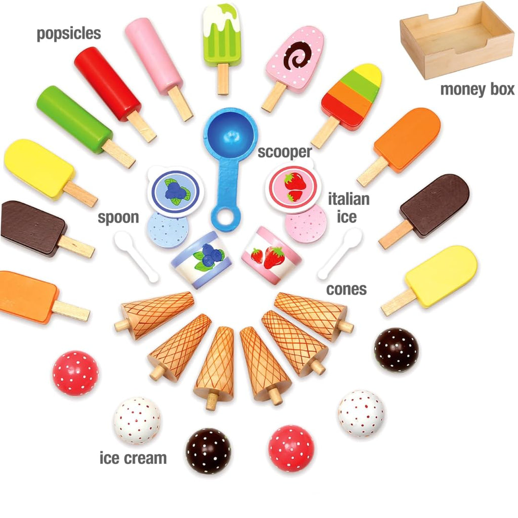 Ice Cream Cart Kids Pretend Play Stand- 33+ Pc Accessories, Realistic Premium Wooden Toy Activity Set with Money Box, Chalkboard & Icecream Truck- Popsicles, Cones Flavors- Girl Boy Indoor Game Center