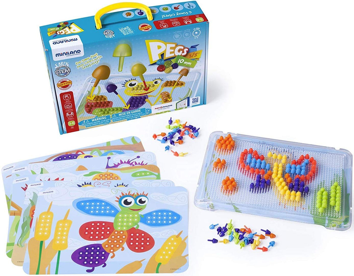 Miniland Educational - Interactive Peg Board Game with 180 Pegs & 6 Worksheets, 3/8"