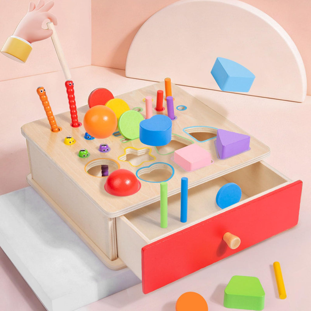 ZQsmgs Wooden Shape Sorter Box, Montessori Activity Cube with Ball Drop, Worm Catching & Pegs