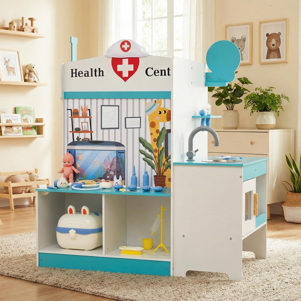 Costzon Wooden Doctor Playset, Medical Office Activity Center w/ Exam Room, Check-in & Waiting Areas, Height Measurer, Sink, Multi-Sided Pretend Play Doctor's Office, Gift for Boy Girl Aged 3+