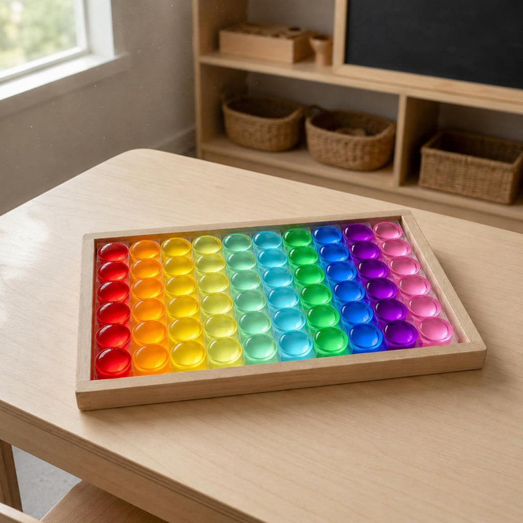 EHJRE Children Building Blocks Wooden Stacking Blocks Disc Blocks Cylindrical Blocks with Acrylic for Visual Effect Sorting and Repeated Shape Building in Tray Box Suitable for Classroom Activities