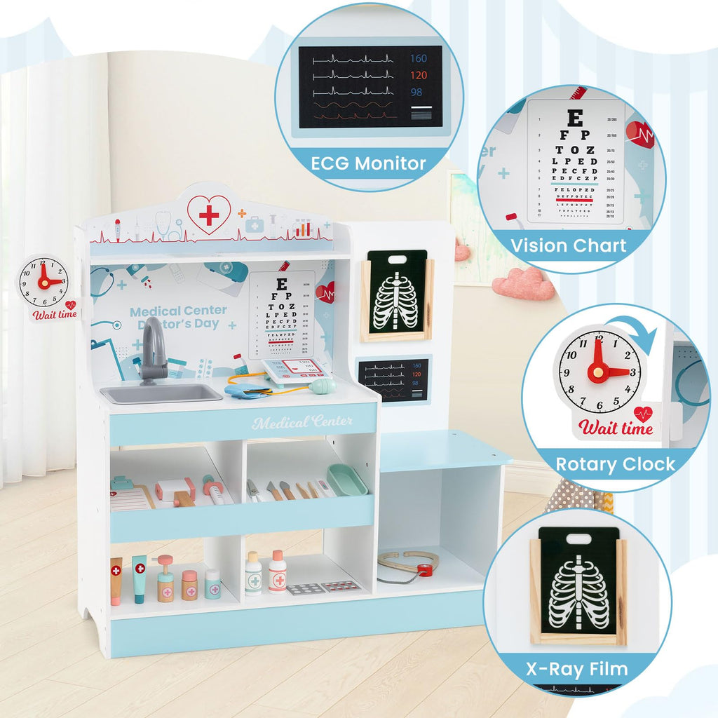 KOTEK Kids Doctor Play Set with 24 PCS Accessories, Wooden Medical Station with Eye Chart, ECG Monitor, X-Ray Film, Pretend Play Hospital Center for Toddlers, Toy Doctor Kit for Girls Boys