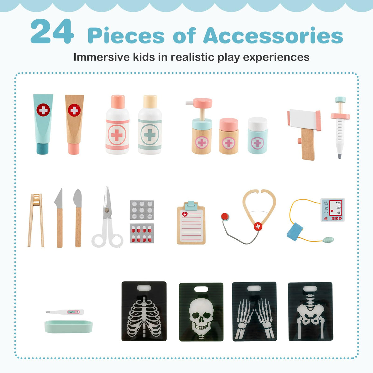KOTEK Kids Doctor Play Set with 24 PCS Accessories, Wooden Medical Station with Eye Chart, ECG Monitor, X-Ray Film, Pretend Play Hospital Center for Toddlers, Toy Doctor Kit for Girls Boys