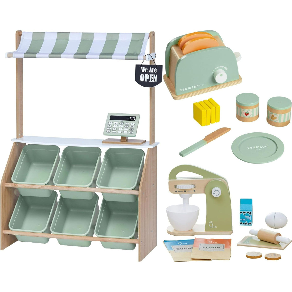 Teamson Kids 3-in-1 Pretend Play Set – Toaster Accessories+ Mixer & Market Stand Set + Farmer’s Market with Cash Register & Storage Bins