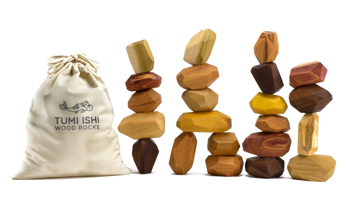 Tumi Ishi 22 Piece Wood Rock Set - Mixed Wood Species - Balancing Blocks - Natural Wood Toy - Organic Jojoba oil and Beeswax Finish - Handmade Wooden Toys - Sensory Toy - USA Made - Personalizable