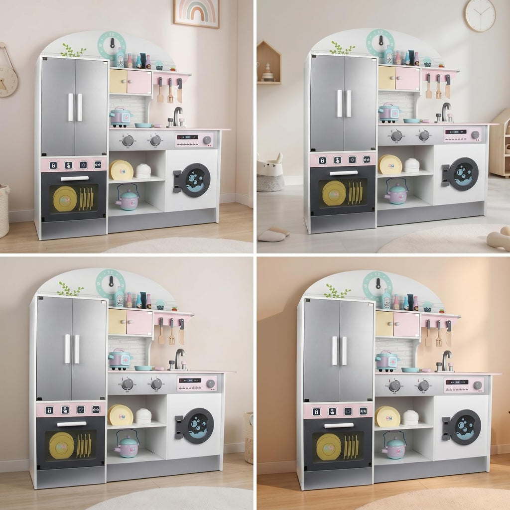 JCRBILW Children Kitchen Playthin Wooden Play Kitchen Set Kids Pretend with Tall Refrigerator Sink Controls and Storage Encourages Creative Cooking and Teamwork Suitable for playroom Bedroom Daycare