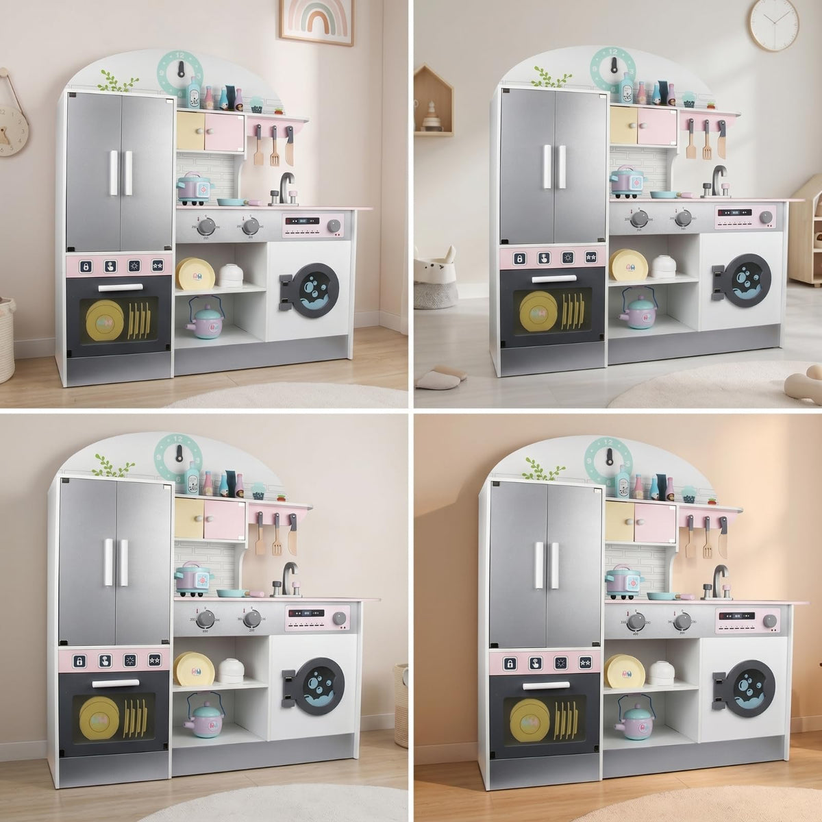 JCRBILW Children Kitchen Playthin Wooden Play Kitchen Set Kids Pretend with Tall Refrigerator Sink Controls and Storage Encourages Creative Cooking and Teamwork Suitable for playroom Bedroom Daycare