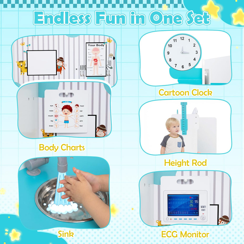 Costzon Wooden Doctor Playset, Medical Office Activity Center w/ Exam Room, Check-in & Waiting Areas, Height Measurer, Sink, Multi-Sided Pretend Play Doctor's Office, Gift for Boy Girl Aged 3+