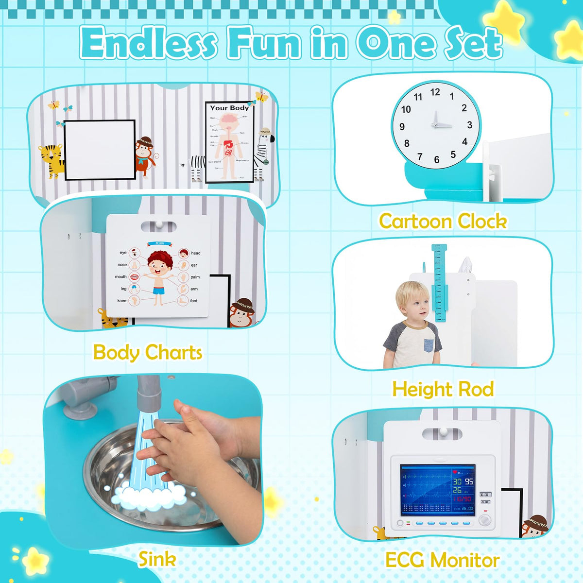 Costzon Wooden Doctor Playset, Medical Office Activity Center w/ Exam Room, Check-in & Waiting Areas, Height Measurer, Sink, Multi-Sided Pretend Play Doctor's Office, Gift for Boy Girl Aged 3+