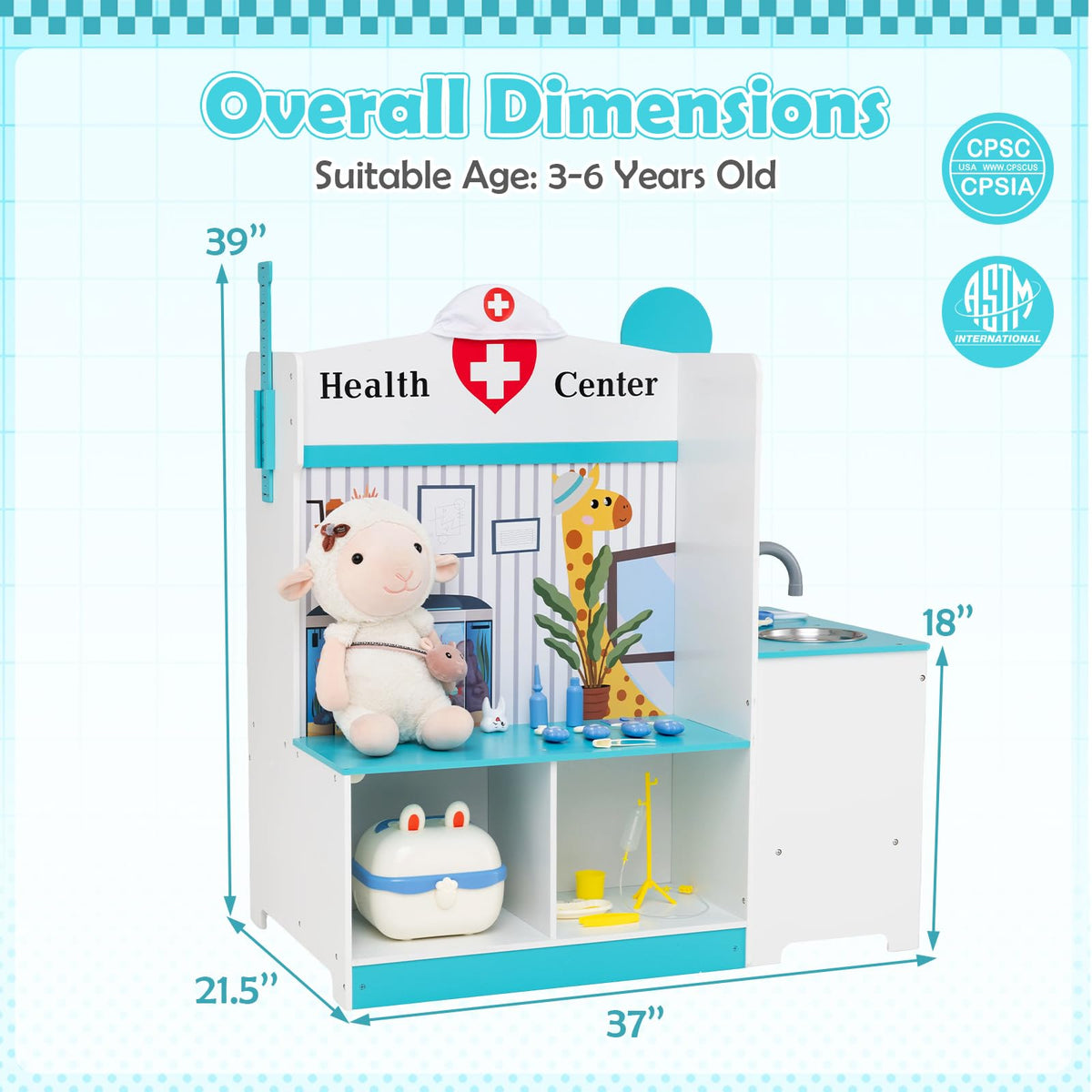 Costzon Wooden Doctor Playset, Medical Office Activity Center w/ Exam Room, Check-in & Waiting Areas, Height Measurer, Sink, Multi-Sided Pretend Play Doctor's Office, Gift for Boy Girl Aged 3+
