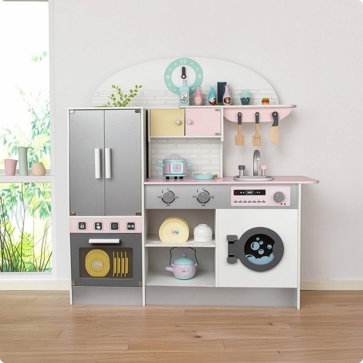 JCRBILW Children Kitchen Playthin Wooden Play Kitchen Set Kids Pretend with Tall Refrigerator Sink Controls and Storage Encourages Creative Cooking and Teamwork Suitable for playroom Bedroom Daycare