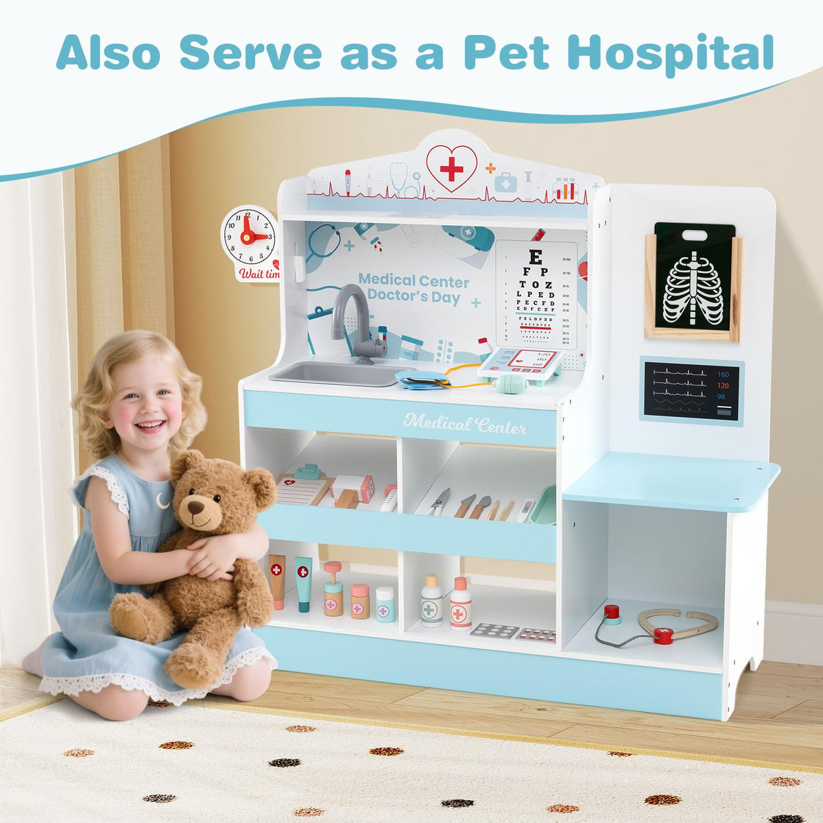 KOTEK Kids Doctor Play Set with 24 PCS Accessories, Wooden Medical Station with Eye Chart, ECG Monitor, X-Ray Film, Pretend Play Hospital Center for Toddlers, Toy Doctor Kit for Girls Boys