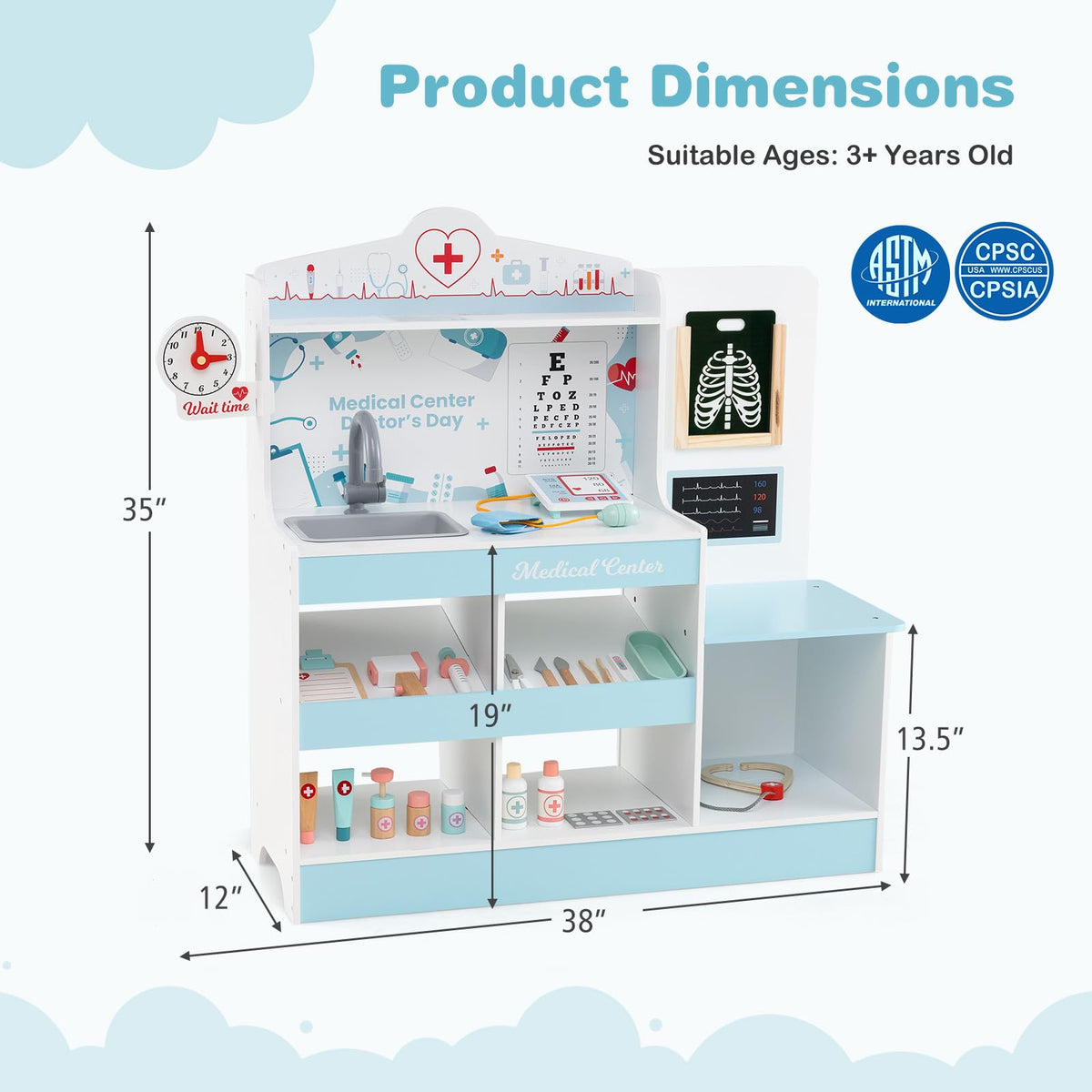 KOTEK Kids Doctor Play Set with 24 PCS Accessories, Wooden Medical Station with Eye Chart, ECG Monitor, X-Ray Film, Pretend Play Hospital Center for Toddlers, Toy Doctor Kit for Girls Boys