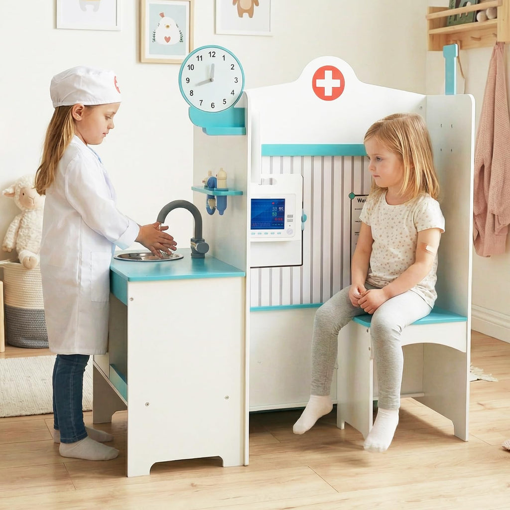 Costzon Wooden Doctor Playset, Medical Office Activity Center w/ Exam Room, Check-in & Waiting Areas, Height Measurer, Sink, Multi-Sided Pretend Play Doctor's Office, Gift for Boy Girl Aged 3+