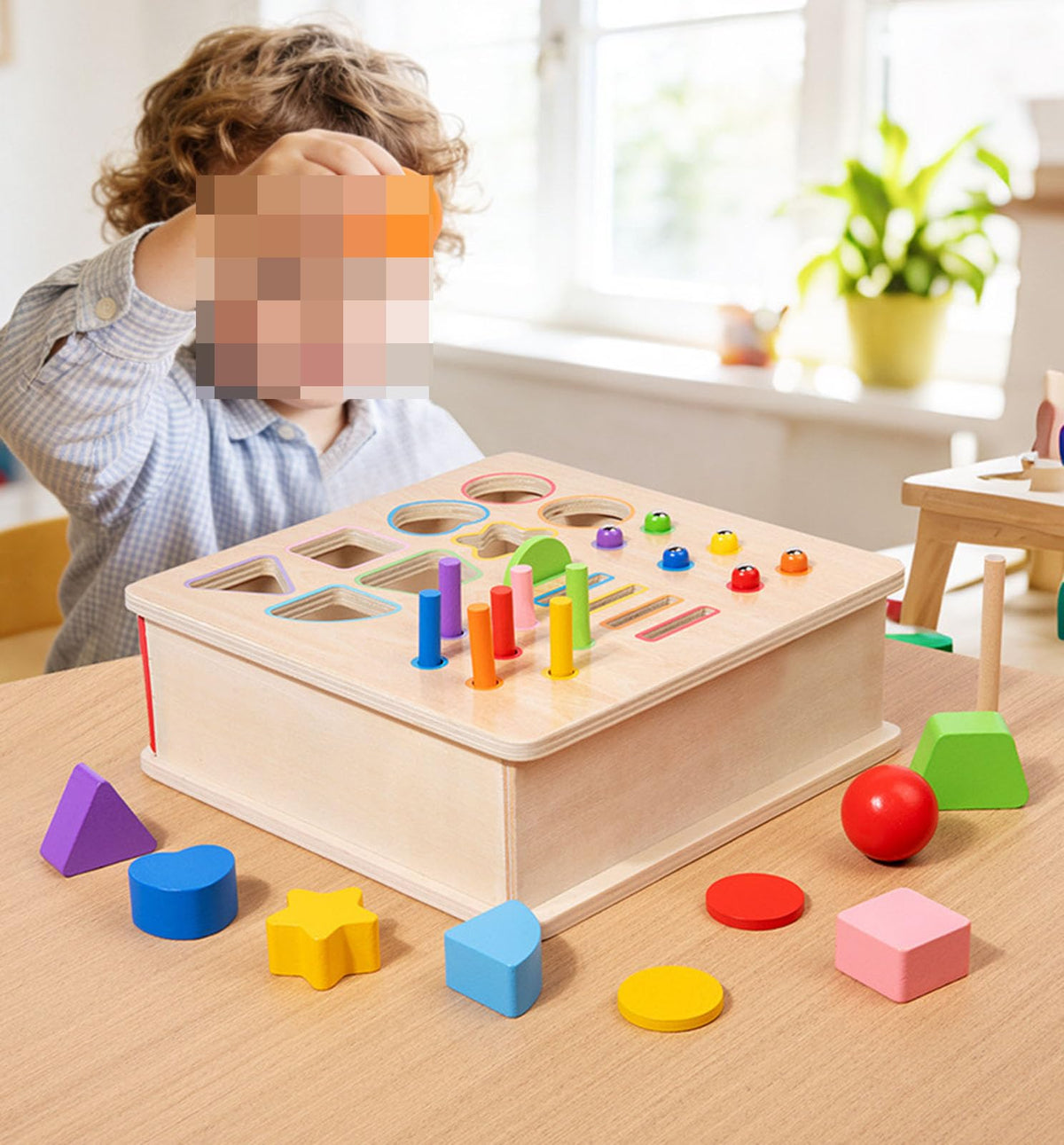 ZQsmgs Wooden Shape Sorter Box, Montessori Activity Cube with Ball Drop, Worm Catching & Pegs