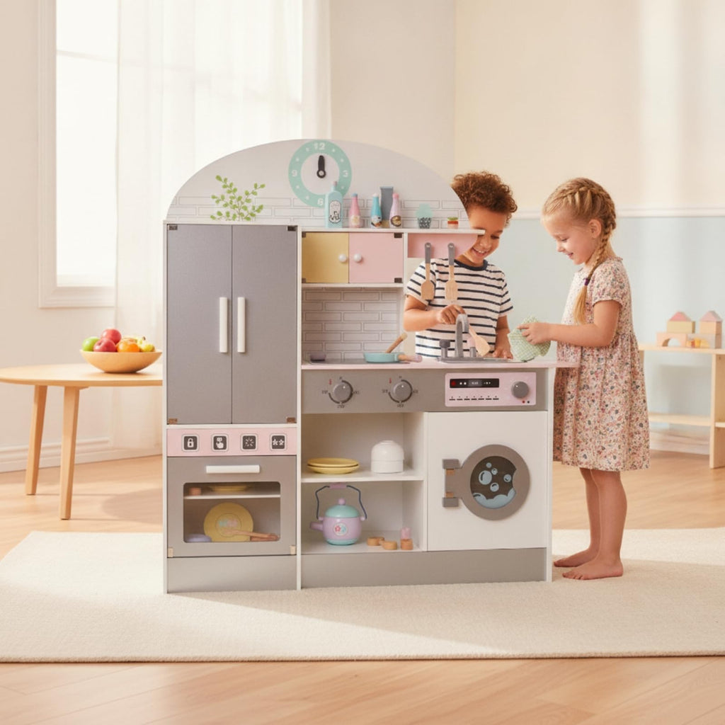 JCRBILW Children Kitchen Playthin Wooden Play Kitchen Set Kids Pretend with Tall Refrigerator Sink Controls and Storage Encourages Creative Cooking and Teamwork Suitable for playroom Bedroom Daycare