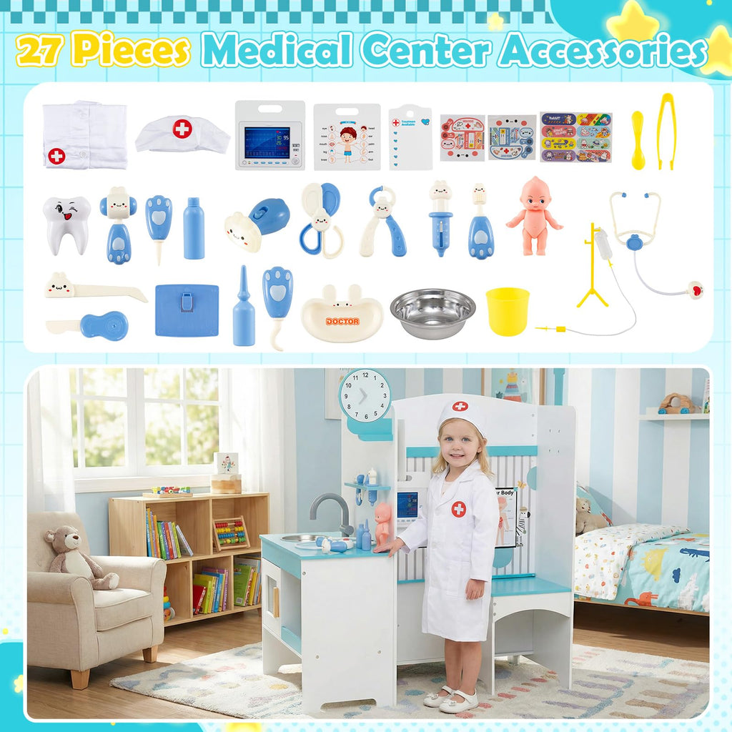 Costzon Wooden Doctor Playset, Medical Office Activity Center w/ Exam Room, Check-in & Waiting Areas, Height Measurer, Sink, Multi-Sided Pretend Play Doctor's Office, Gift for Boy Girl Aged 3+
