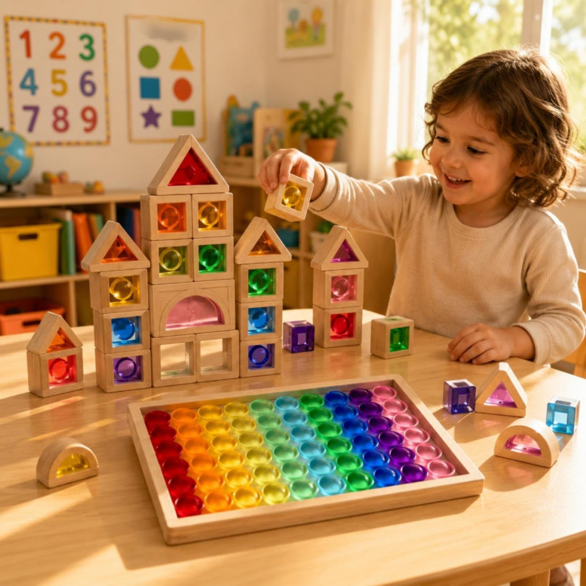 EHJRE Children Building Blocks Wooden Stacking Blocks Disc Blocks Cylindrical Blocks with Acrylic for Visual Effect Sorting and Repeated Shape Building in Tray Box Suitable for Classroom Activities