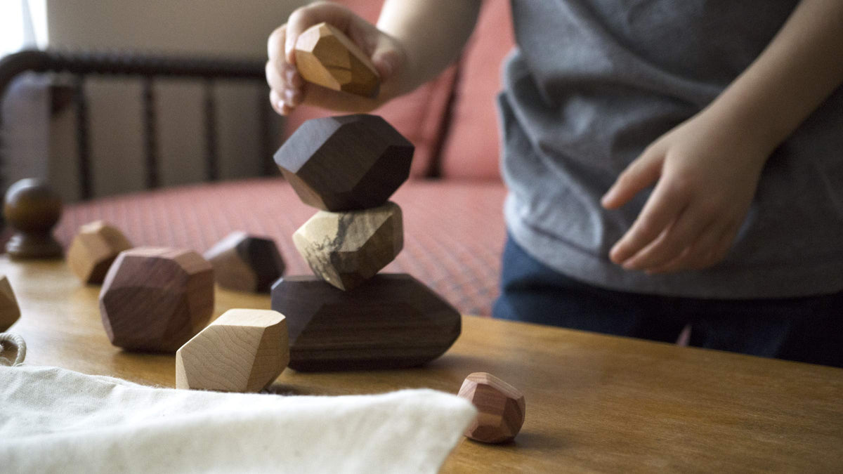 Tumi Ishi 22 Piece Wood Rock Set - Mixed Wood Species - Balancing Blocks - Natural Wood Toy - Organic Jojoba oil and Beeswax Finish - Handmade Wooden Toys - Sensory Toy - USA Made - Personalizable