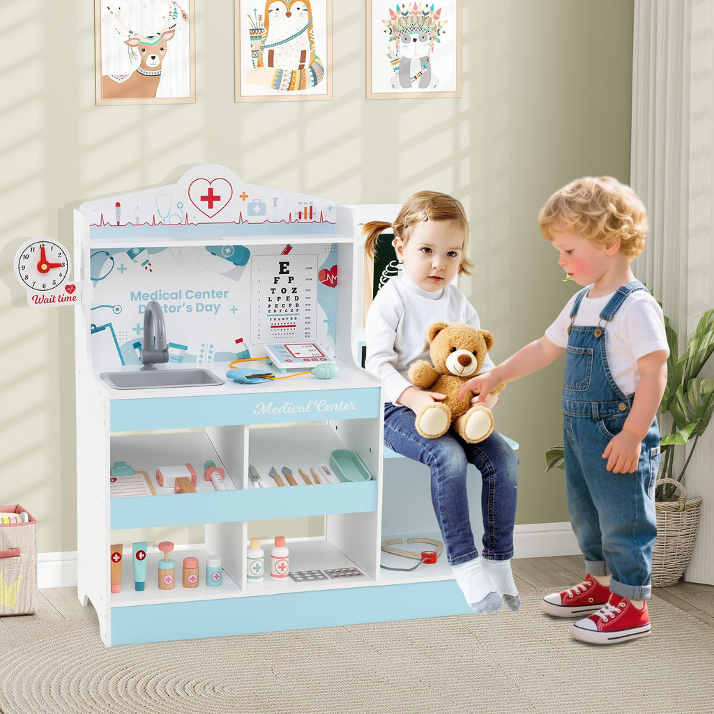KOTEK Kids Doctor Play Set with 24 PCS Accessories, Wooden Medical Station with Eye Chart, ECG Monitor, X-Ray Film, Pretend Play Hospital Center for Toddlers, Toy Doctor Kit for Girls Boys