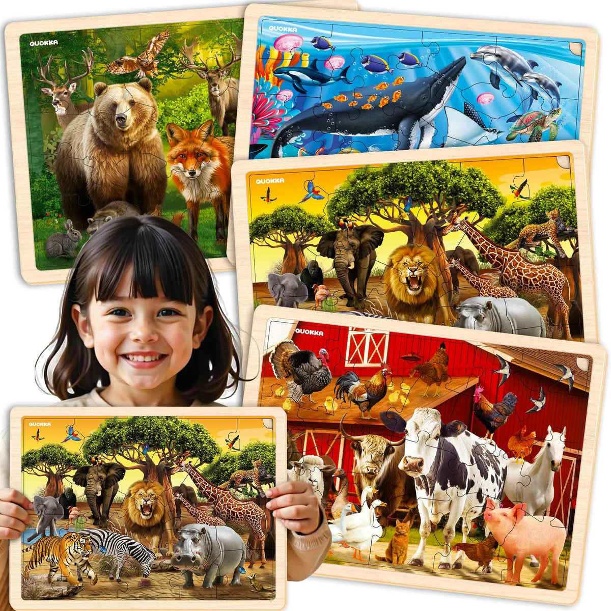 QUOKKA 7-in-1 Puzzle Set for Kids Ages 3–8 – USA, World & Space Floor Puzzles + 4 Wooden Montessori Animal Puzzles – Preschool Educational Toys for Boys & Girls