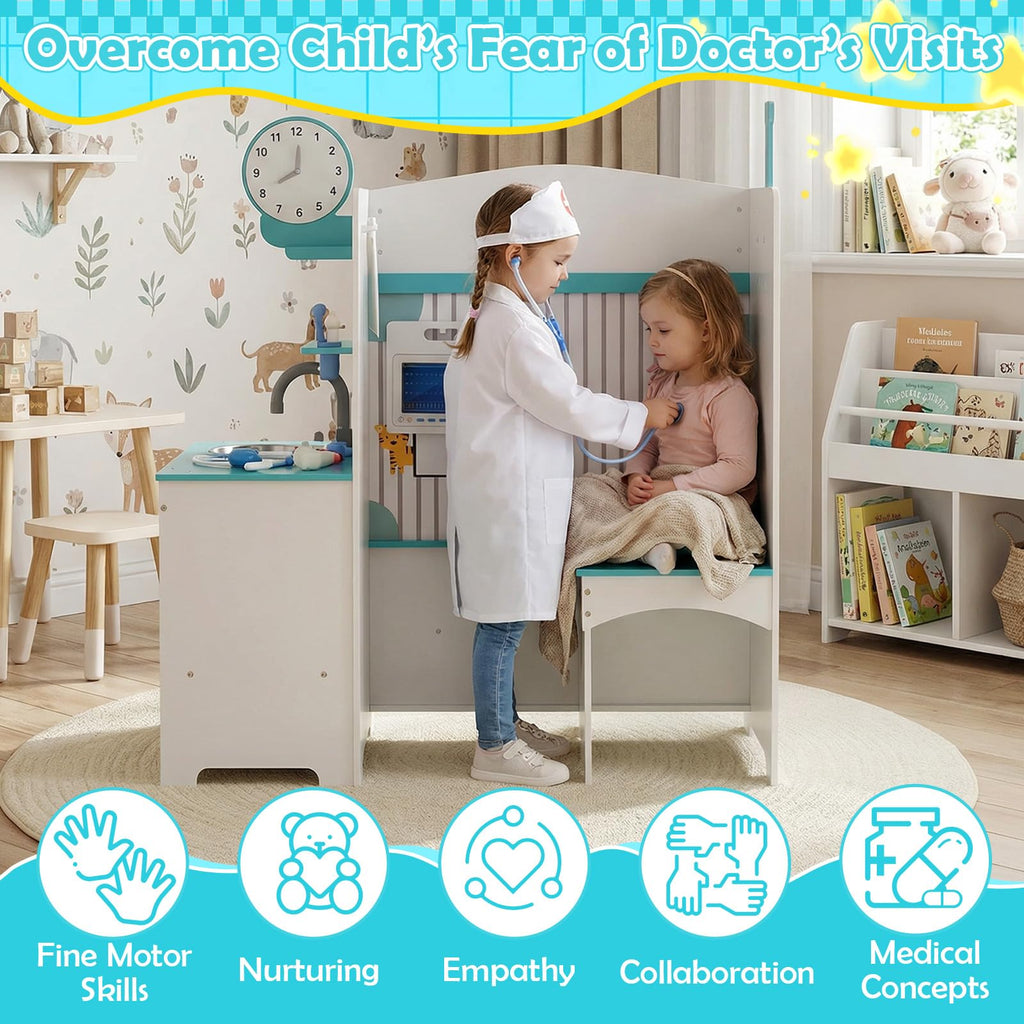 Costzon Wooden Doctor Playset, Medical Office Activity Center w/ Exam Room, Check-in & Waiting Areas, Height Measurer, Sink, Multi-Sided Pretend Play Doctor's Office, Gift for Boy Girl Aged 3+