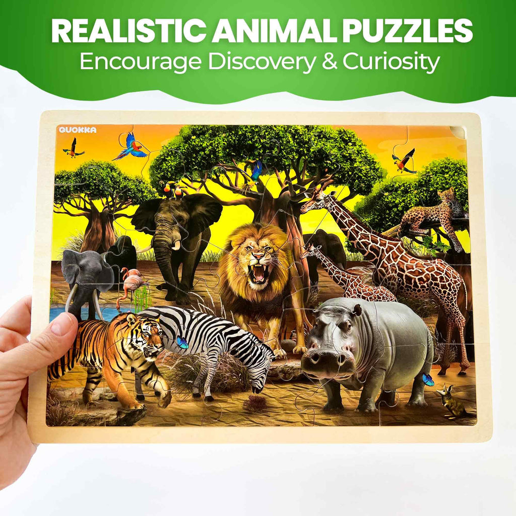 QUOKKA 7-in-1 Puzzle Set for Kids Ages 3–8 – USA, World & Space Floor Puzzles + 4 Wooden Montessori Animal Puzzles – Preschool Educational Toys for Boys & Girls