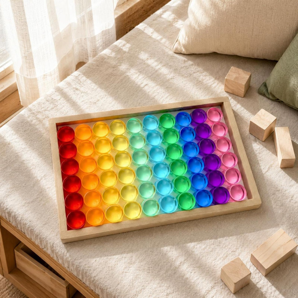 EHJRE Children Building Blocks Wooden Stacking Blocks Disc Blocks Cylindrical Blocks with Acrylic for Visual Effect Sorting and Repeated Shape Building in Tray Box Suitable for Classroom Activities