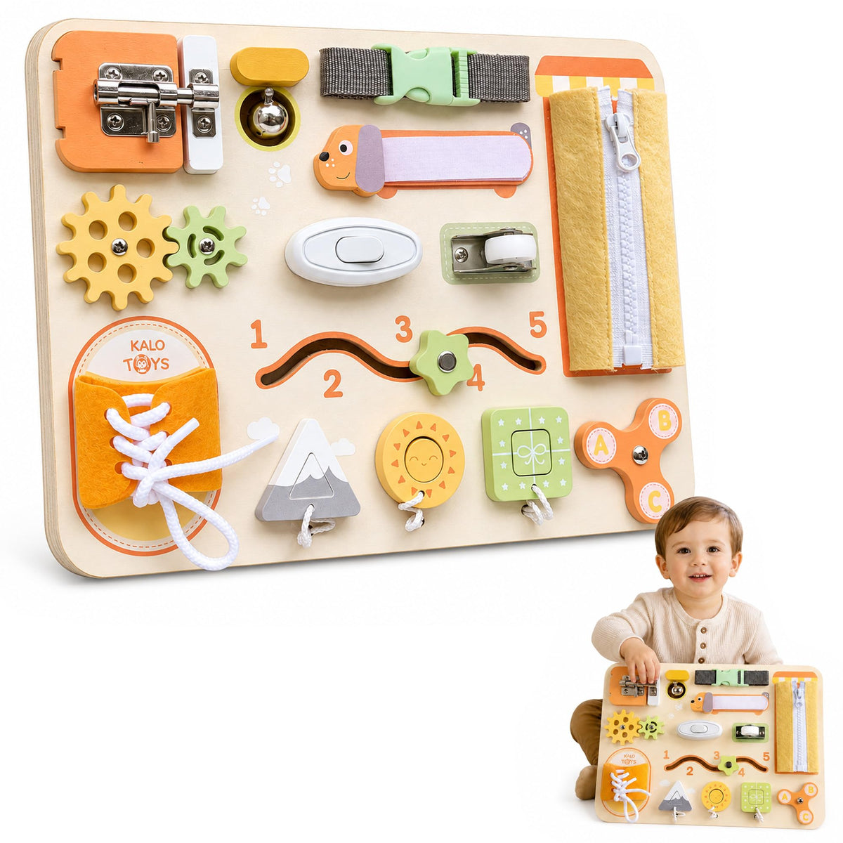 KALOTOYS Large Busy Board Montessori Toys for 1 2 3 Year Old - Sensory Toys for Toddlers 1-3 - Fine Motor Skills & Early Learning - Montessori Gift