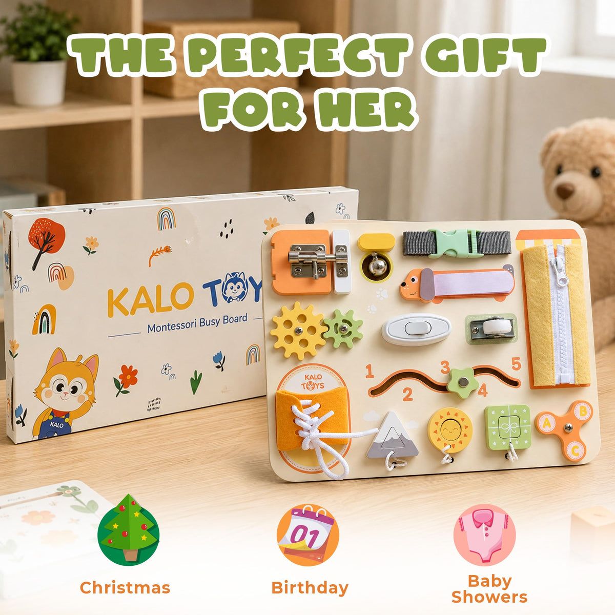 KALOTOYS Large Busy Board Montessori Toys for 1 2 3 Year Old - Sensory Toys for Toddlers 1-3 - Fine Motor Skills & Early Learning - Montessori Gift
