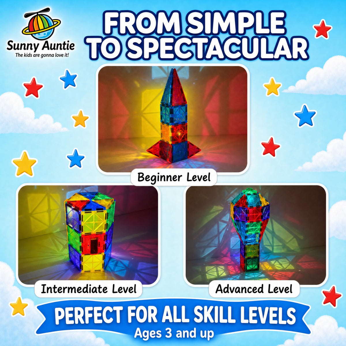 SUNNY AUNTIE Magnetic Tiles for Kids Ages 4-8, STEM Building Toys
