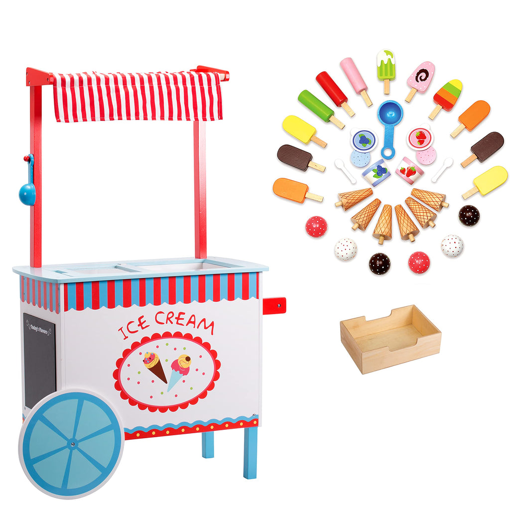 Ice Cream Cart Kids Pretend Play Stand- 33+ Pc Accessories, Realistic Premium Wooden Toy Activity Set with Money Box, Chalkboard & Icecream Truck- Popsicles, Cones Flavors- Girl Boy Indoor Game Center