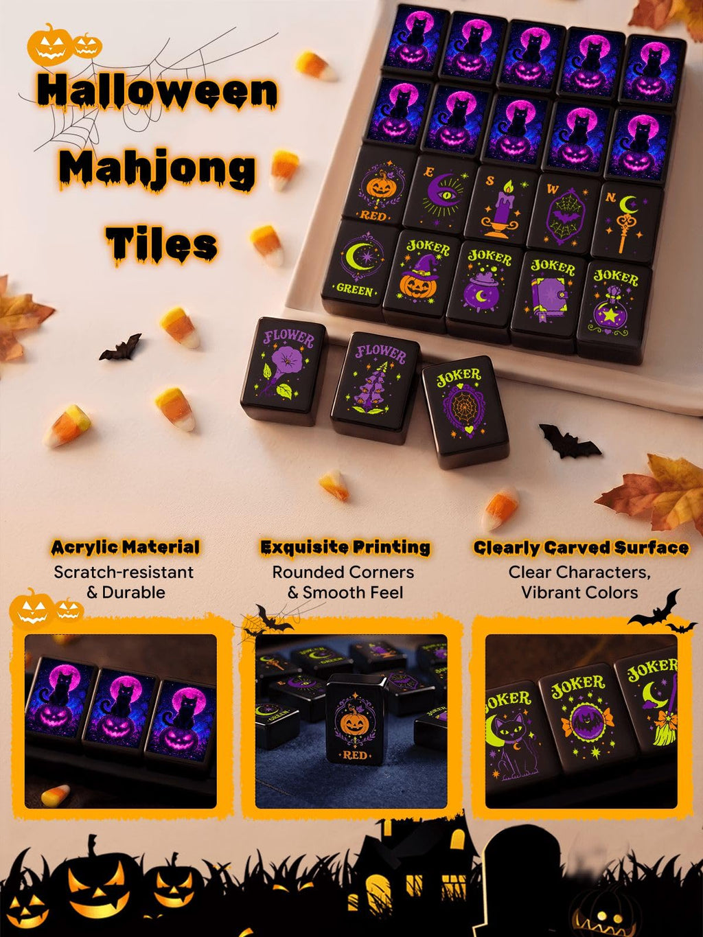 Halloween American Mahjong Tile Set Witch Halloween Cat Aesthetic Cool