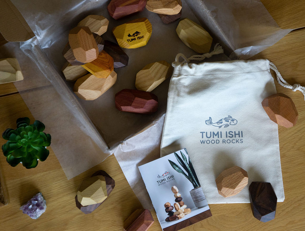 Tumi Ishi 22 Piece Wood Rock Set - Mixed Wood Species - Balancing Blocks - Natural Wood Toy - Organic Jojoba oil and Beeswax Finish - Handmade Wooden Toys - Sensory Toy - USA Made - Personalizable