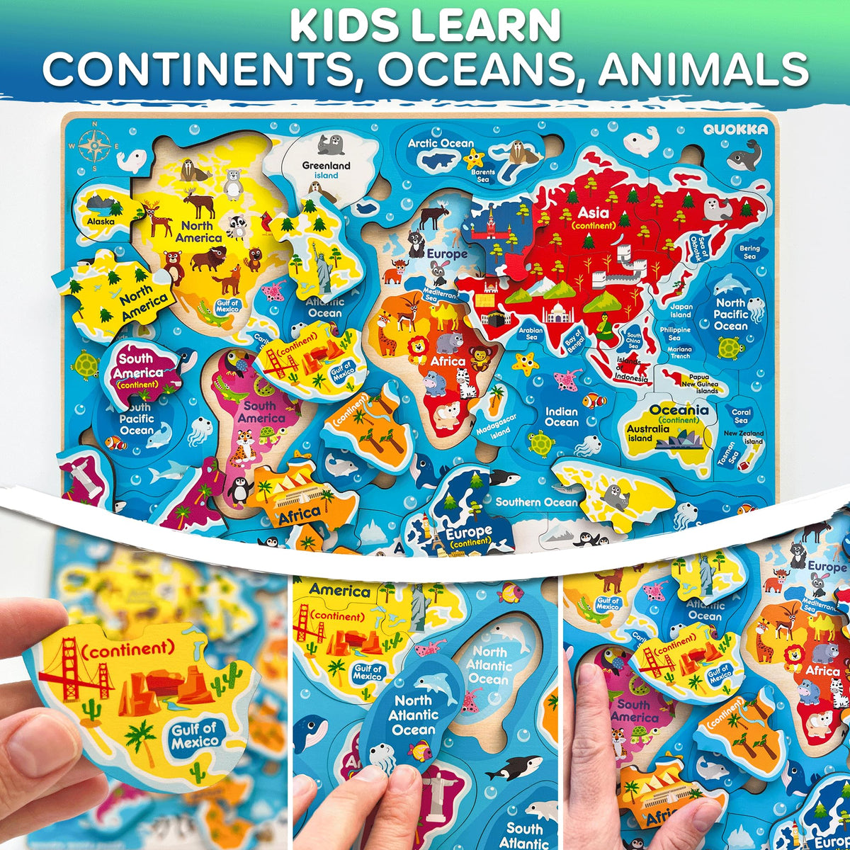 QUOKKA 7-in-1 Puzzle Set for Kids Ages 3–8 – USA, World & Space Floor Puzzles + 4 Wooden Montessori Animal Puzzles – Preschool Educational Toys for Boys & Girls