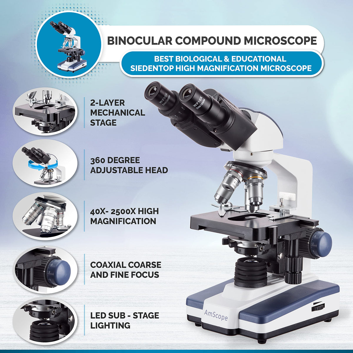 AmScope B120 Series Student & Professional LED Binocular Compound Microscope - 40X-2500X Magnification