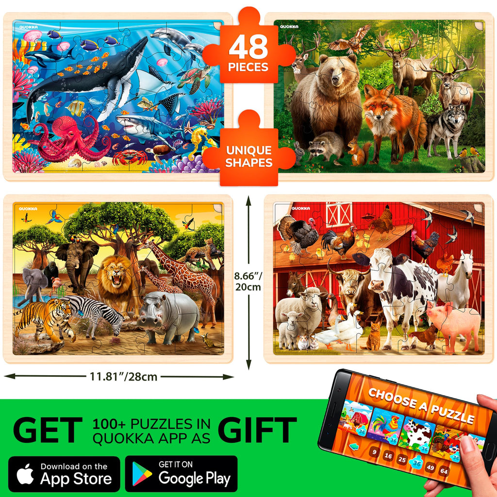 QUOKKA 7-in-1 Puzzle Set for Kids Ages 3–8 – USA, World & Space Floor Puzzles + 4 Wooden Montessori Animal Puzzles – Preschool Educational Toys for Boys & Girls